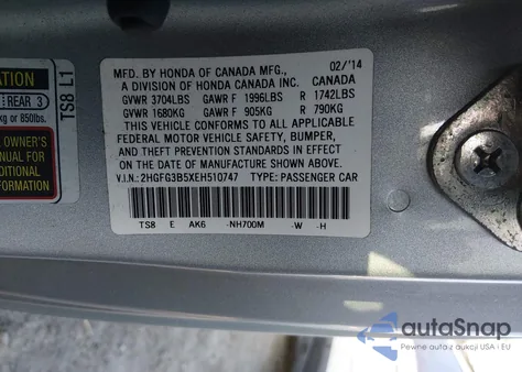 2014 Honda Civic Lx z USA, uszkodzony, nr VIN 2HGFG3B5XEH510747